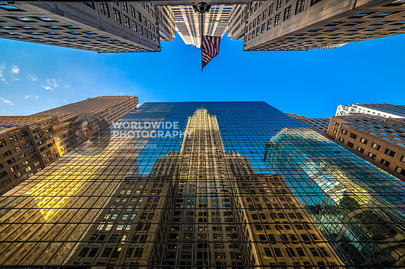 The Chrysler Building reflected in an office building on East 42nd Street.